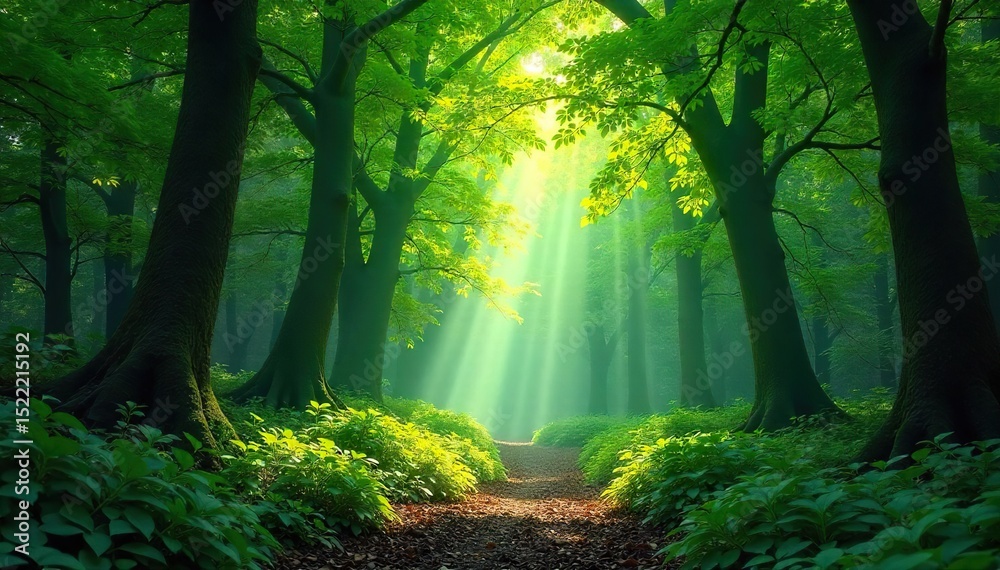 Obraz premium Lush green canopy of a vibrant forest, sunlight dappling through leaves, creating a magical atmosphere Perfect for nature, environmental, and travel projects , vibrant, peaceful