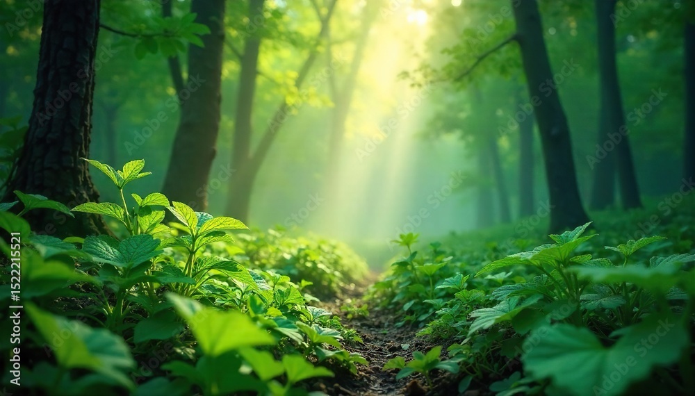 Obraz premium Ethereal mist clings to vibrant green leaves, creating a mystical and serene atmosphere in a lush forest Sunlight filters through the vapor, illuminating the dew-kissed foliage , wet, mist, botany