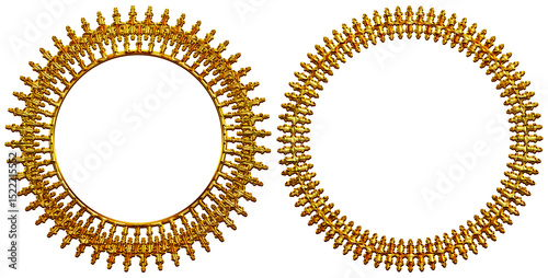 Bild auf Leinwand gold frame with gold ornament, This image features two intricately designed golden circular ornaments that resemble traditional Indian jewelry, possibly temple-style bangles or chokers
