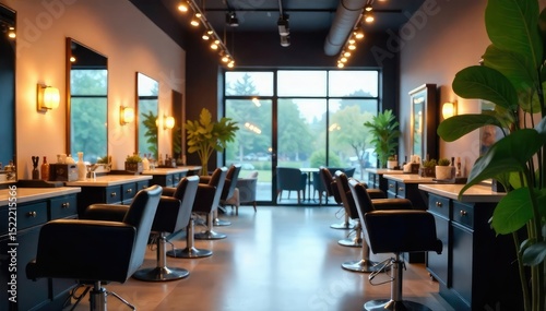 Modern hair salon interior, stylish styling tools, gold, shadow
