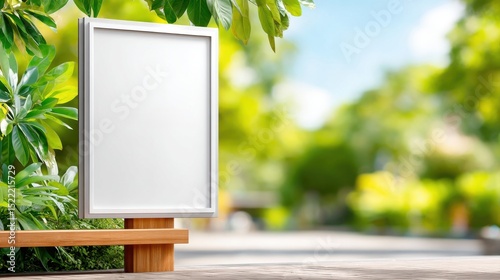 Blank outdoor billboard on a wooden stand surrounded by green foliage and trees in a sunny park setting.