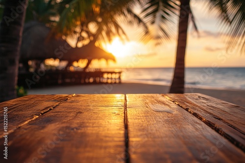 Fototapeta Naklejka Na Ścianę i Meble -  Wooden table on a tropical beach at sunset.