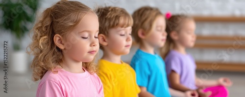 Four young children meditating indoors, sitting in a row with eyes closed, wearing colorful shirts, focusing peacefully.