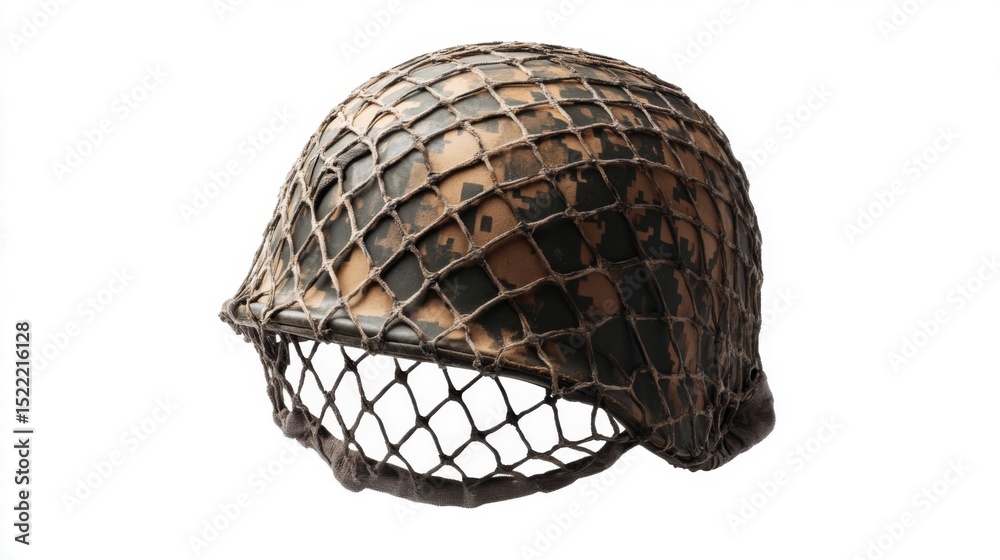 Obraz premium A classic military helmet shown in a unique design. Its intricate netting adds character and history. Perfect for collectors and enthusiasts. Generative AI