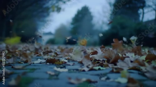 Blurry autumn leaves blowing across cobblestone path. Fall wind and motion in seasonal urban nature concept.  
 photo