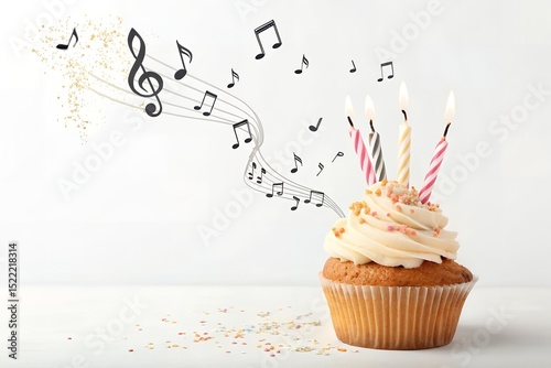 Cupcake with candles and music notes on a white background studio shot