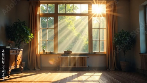 Sunlight streams through a large window, illuminating dust motes in a quiet room , peaceful, airy, home