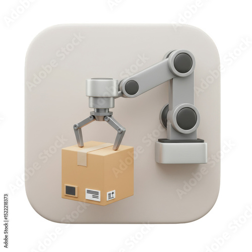 3d Illustration of Robotic Arm Picking Up Cardboard Box Package Logistics