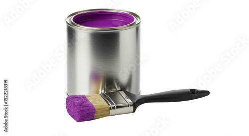 3D Isolated Rendering of Purple Paint Can with Brush on Transparent