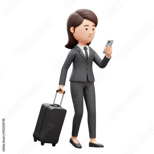 3D Illustration of Woman in Suit with Luggage Mobile Phone Isolated
