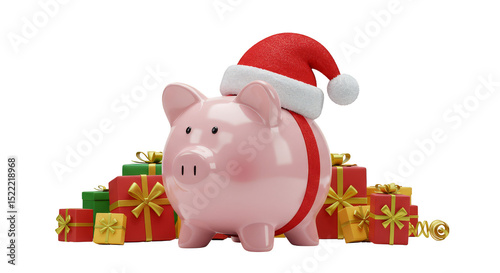 3d Isolated Pink Piggy Bank with Christmas Gifts and Festive Santa Hat