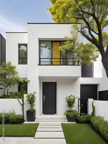 A simple modern white house decorated with a front garden.
