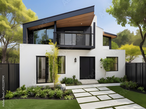 A simple modern white house decorated with a front garden.