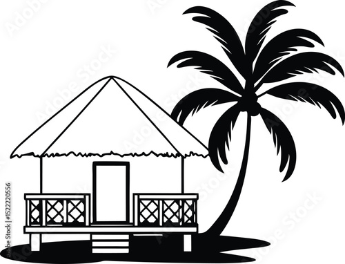 Palm Tree Cottage Silhouette, Tropical Paradise Vector Art.