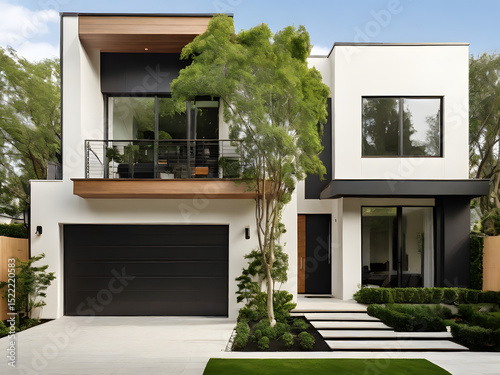 A simple modern white house decorated with a front garden.