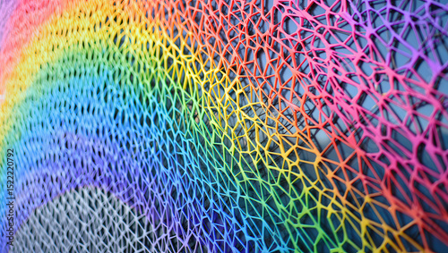 Close up of a rainbow colored geometric pattern with a net like structure and bright colors photo