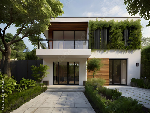 A simple modern white house decorated with a front garden.