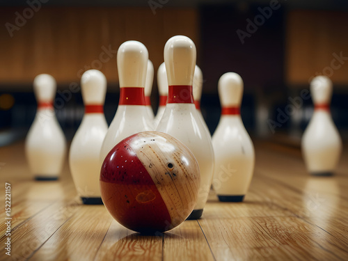 bowling ball and pins in a bowling alley