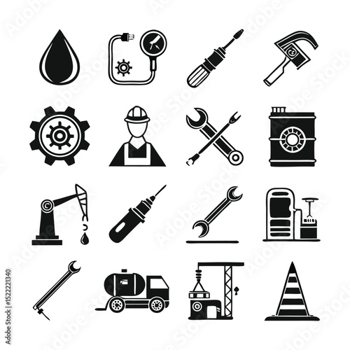 Manufacturing Glyph Icon Set – Black Silhouette Vector Pictograms of Conveyor, Hydraulic and Pneumatic Systems, Tools, Lubrication, Fluid Flow, and Industrial Operations