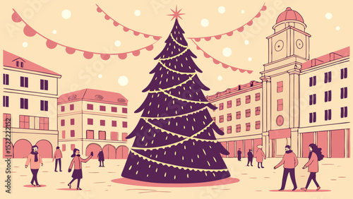 The Great Tree Lighting – Festive Holiday Celebration and Community Gathering Vector Illustration