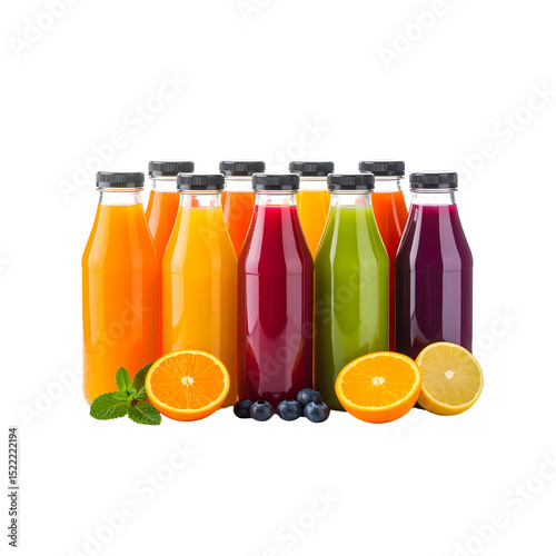Colorful bottles of fresh fruit juices healthy drinks on transparent background