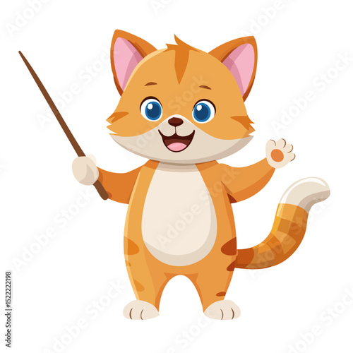 ポインターの棒を持って話す猫のキャラクター