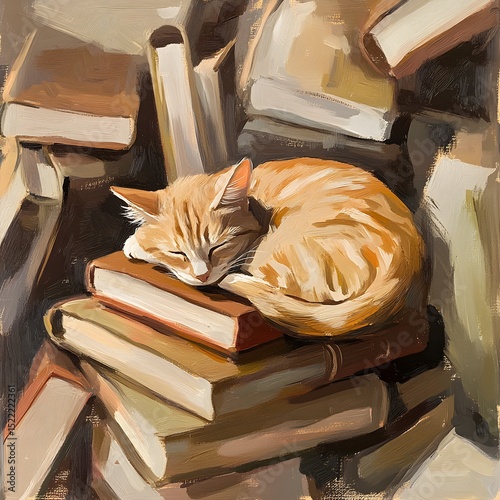 A sleeping cat rests on a stack of books, creating a cozy, artistic scene. feline mischief concept