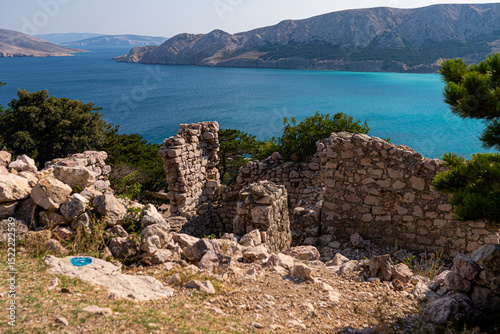 Fototapeta Naklejka Na Ścianę i Meble -  Aerial view of famous beach (Vela Plaza) in Baska, Krk Island, Croatia. View from Castel Baska.
