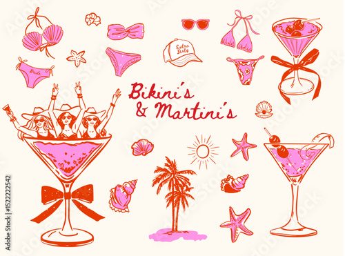Set of whimsical Bachelorette Weekend illustrations, Hand drawn Bikinis and Martinis Hen party vector doodles, Martini Drink doodle icons for T-shirt, invitations and web icons