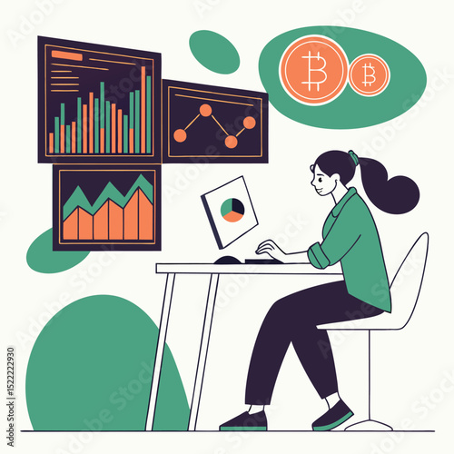 Financial analyst working on computer with charts and cryptocurrency icons
