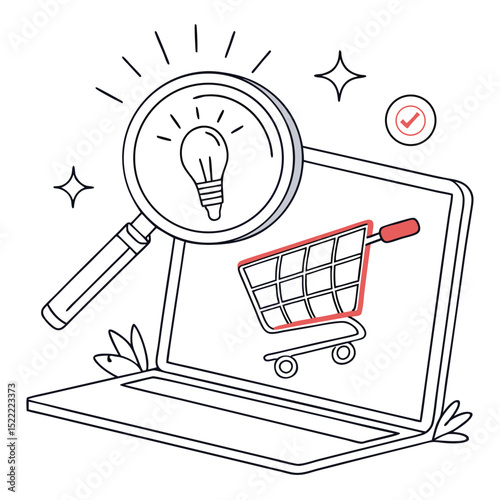 Online shopping idea generation laptop lightbulb magnifying glass illustration