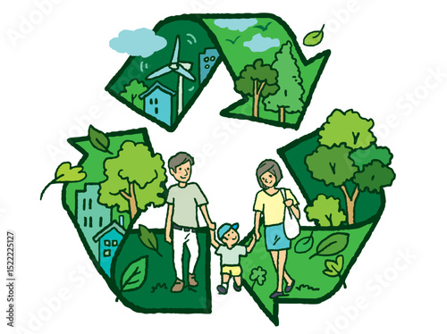 Sketch doodle recycle reuse reduce symbol with a family and trees. Recycle icon sign for ecological. Hand-drawn style vector