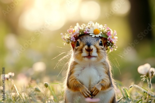 Cute baby animal squirrel wearing primal flower wreath on its head. Summer happiness. Dawn light. Wild beauty in a floral setting. Animal surrounded by flowers. Natureâ€™s grace in wildlife. photo