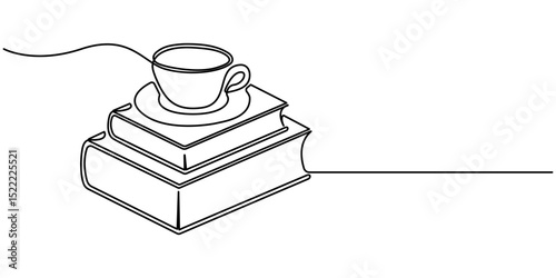 Single continuous line drawing of books with a cup of coffee above on library desk. One line draw coffee and books. Business and education concept. Editable stroke. Doodle vector illustration.