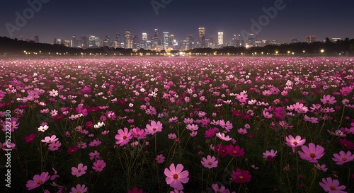 Night Cityscape with Cosmos Flower Field Stunning Night Photography