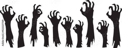 Halloween zombie hands. Creepy zombie crooked lambs stick out of graveyard ground vector set. Zombie hands silhouette silhouette vector. Creepy zombie arms elements