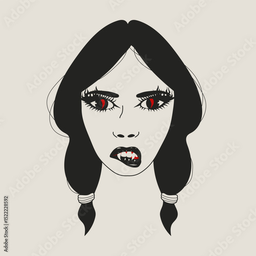 Vampire Girl with Sharp Fangs and Fiery Red Eyes. Gothic Ponytail Look