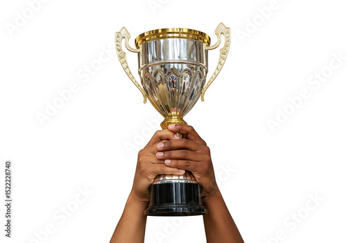 Close Up of Hands Lifting Gold and Silver Trophy in Victory on Black