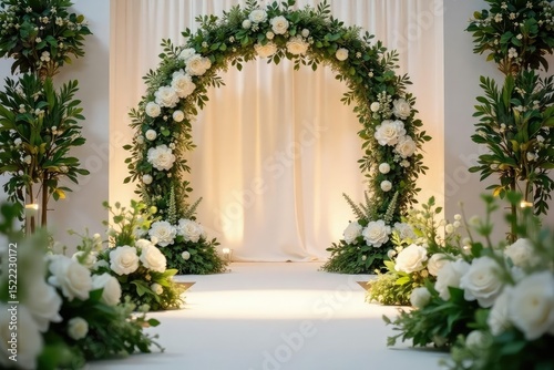 Elegant wedding ceremony setup with white floral arrangements, lush greenery, and romantic lighting , leaves, tables, shabby chic