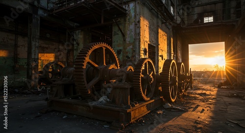 Sun Setting on Rusty Gears in Abandoned Factory