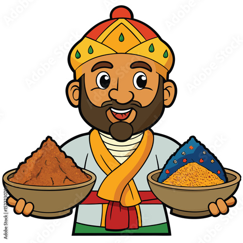 Spice merchant with hands full of vibrant spices, rich Indian aromas.