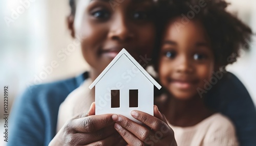 A woman and child hold up a small model house.