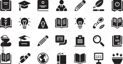 Education Icon Set – Black Silhouette Vector Icons for School, Learning, and Teaching