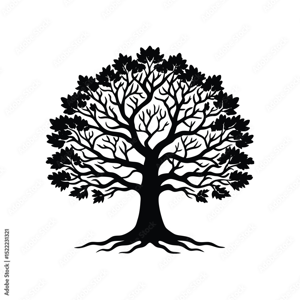 Obraz premium Old Oak Tree Sprawling Branches Vector Outline