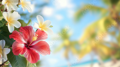 Tropical Red Hibiscus and White Plumeria Flowers in Beach Paradise Background