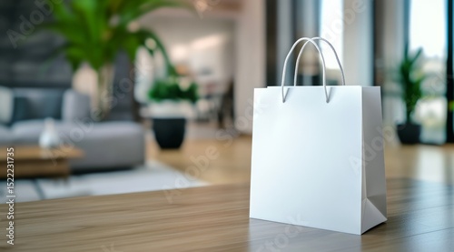 White Paper Bag for Packaging Design Mockup on Wooden Surface