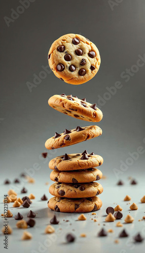 High Quality Food Photography of Chocolate Chip Cookies Floating, Stacked & Levitating with Sharp Detail, Studio Lighting & Minimalist Background