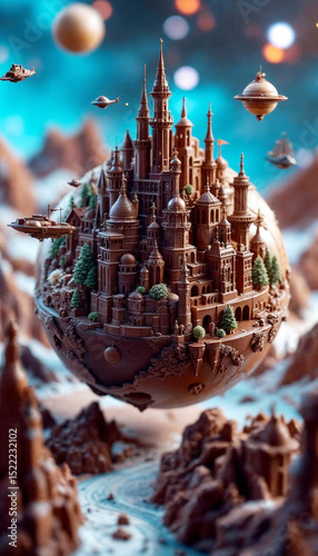 Photorealistic Fantasy Chocolate Landscape Featuring Miniature City on Chocolate Globe with Buildings, Ships & Planets Highly Detailed