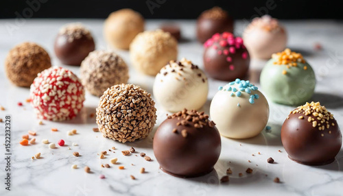 Gourmet Chocolate Truffles Assortment on Marble Countertop – Colorful, Decadent Sweet Treats with Sprinkles & Toppings, World Chocolate Day Celebration