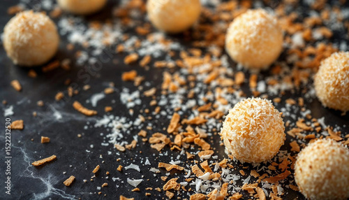 White chocolate truffles with coconut flakes on a dark marble background, overhead shot, ideal for world chocolate day